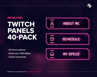 Paquete de paneles de neon Twitch, 40 paneles de perfil rosa neón HQ para Twitch, abstracto, diseño futurista, paquete de transmisión