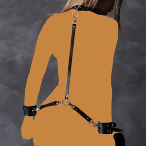 Leather Collar and Handcuffs, Slave Collar, Leather Leash and Cuffs, Leather Harness for Women, Harness Belt
