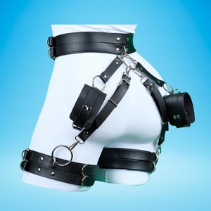 Leather Waist and Thigh Harness with Handcuff, Thigh Harness, Waist Harness Belt, Harness with Cuffs
