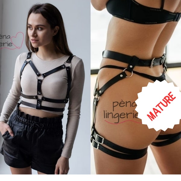 Conjunto de arnés, Artículos más vendidos, Arnés de cuero para piernas y arnés para pecho, Máscara de gato, Lencería de cuero para mujer, Lencería de arnés