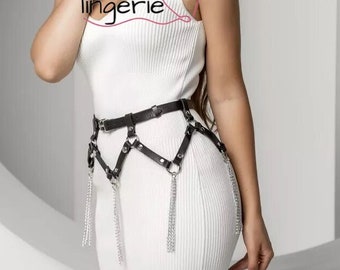 Vegan Leather Waist Harness with Chain: Goth Festival Belt
