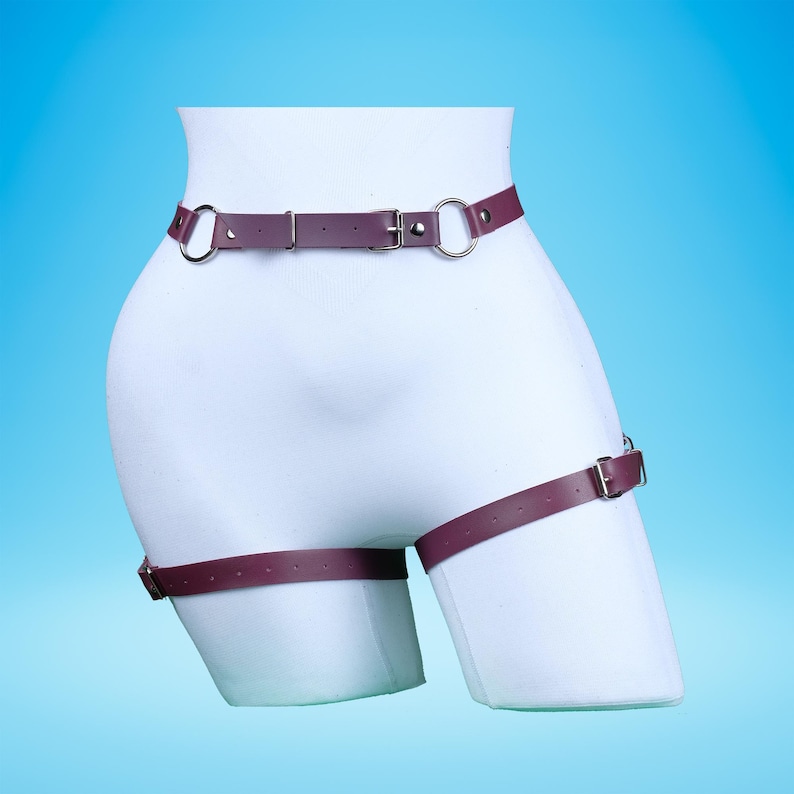 May include: A burgundy leather harness with silver hardware. The harness has a belt that goes around the waist and two straps that go around the thighs.