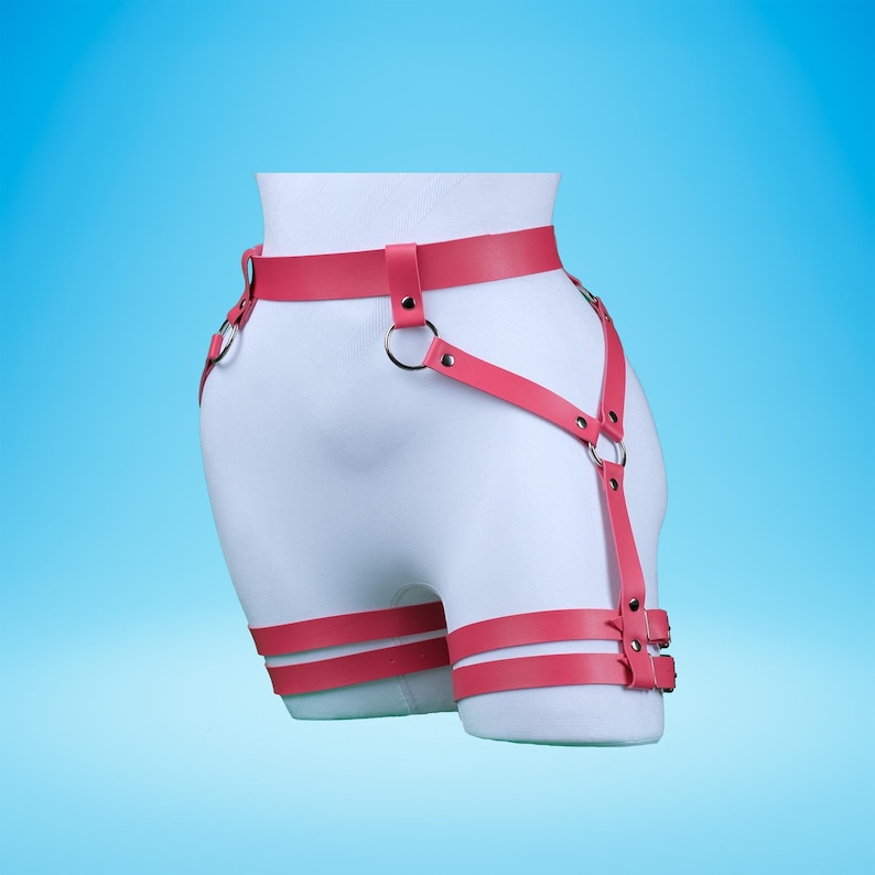 Pu&ograve; includere: Fazzoletto in pelle rosa con cinturini e fibbie regolabili. Il cinturino ha una cintura e cinturini per le cosce.