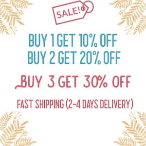 May include: A pink and blue graphic with the text "SALE!" in a red tag, and the text "BUY 1 GET 10% OFF, BUY 2 GET 20% OFF, BUY 3 GET 30% OFF, FAST SHIPPING (2-4 DAYS DELIVERY)"