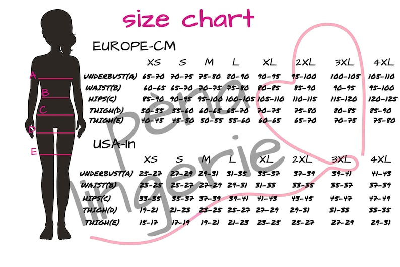 Pu&ograve; includere: Tabella delle taglie per abbigliamento in centimetri e pollici. La tabella include le misure per sotto il seno, vita, fianchi, coscia e coscia. Le taglie vanno dalla XS alla 4XL.