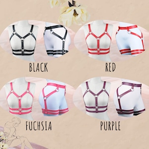 May include: A display of body harnesses in black, red, fuchsia, and purple. Each harness is shown on a mannequin, with matching garter belts. The word "BLACK", "RED", "FUCHSIA", and "PURPLE" are written below each set.