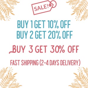 May include: A white background with text and decorative leaf accents. The text includes "SALE!" on a tag, and offers such as "BUY 1 GET 10% OFF", "BUY 2 GET 20% OFF", and "BUY 3 GET 30% OFF".