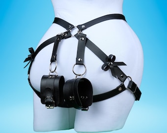 Leather Lingerie Harness with Handcuff, Red Pink Black Purple Leather Butt Harness, Harness Lingeries, Harness for Women