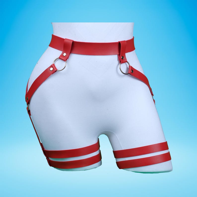 Pu&ograve; includere: Fune a forma di imbracatura in pelle rossa con due cinturini su ogni gamba e una cintura con due anelli metallici.