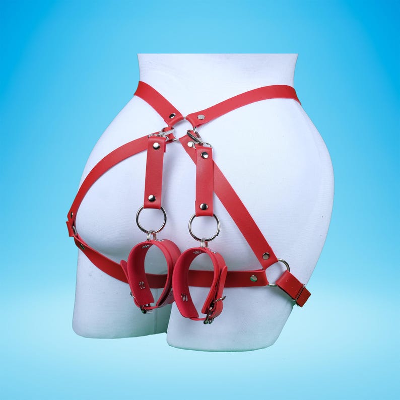 May include: Red leather restraint harness with attached wrist cuffs. The harness features adjustable straps and metal hardware. The cuffs are secured with buckles and rings. The background is a gradient of blue.