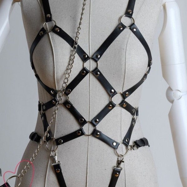 Leather Lingerie for Women with Collar and Leash, Plus Size Custom Size Lingerie Harness