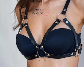 Leather Bra, Harness Cage Bra, Open Leather Bra, Top Harness Woman, Chest Harness, Plus Size Custom Size Open Leather Bra