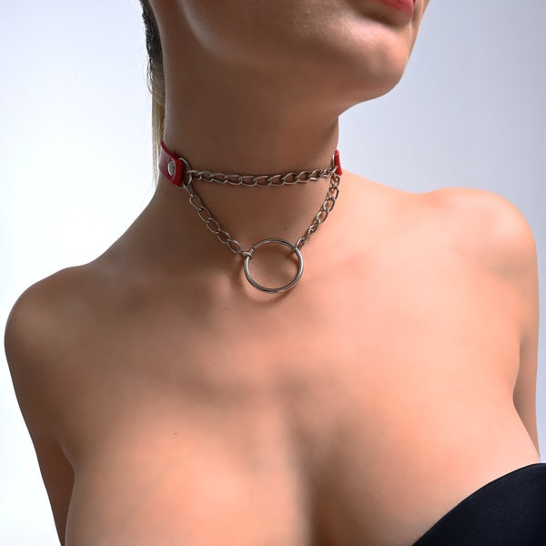 Chain Choker, Choker with o-ring and chain, leather choker, collar with o-ring, biker choker, kitty collar with o-ring, Submissive Choker