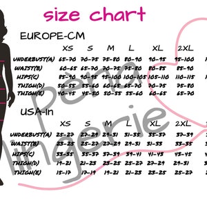 May include: Size chart for clothing in both centimeters and inches. The chart includes measurements for underbust, waist, hips, thigh, and thigh. Sizes range from XS to 4XL.