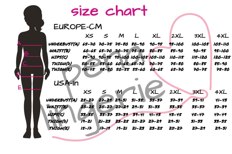 May include: Size chart for clothing in both centimeters and inches. The chart includes measurements for underbust, waist, hips, thigh, and thigh. Sizes range from XS to 4XL.