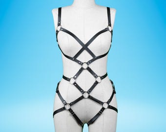 Plus Size Vegan Leather Lingerie Harness with Collar and Leash