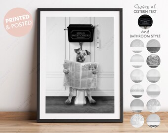 Black and White Border Terrier Dog on Toilet with Newspaper, Victorian Toilet Print, Funny Bathroom Print, Dog on Toilet,Toilet Humour Print