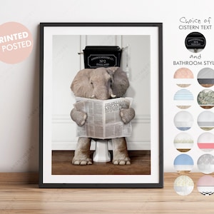 Elefante en el inodoro con periódico, inodoro victoriano, impresión divertida para el baño, animal en el inodoro, elefante con papel, animal caprichoso