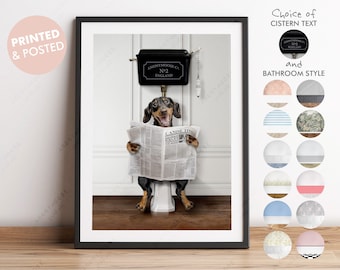 Black and Tan Dachshund on Toilet with Newspaper, Victorian Toilet, Funny Bathroom Print, Animal on Toilet, Sausage Dog Paper, Whimsy Animal