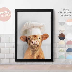 Baby Highland Cow Calf in Chef's Hat Kitchen Print, Funny Cooking Print, Restaurant, Cafe, Food, Cookery Scotland, Whimsy Animal