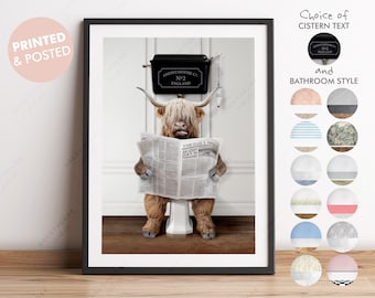 Highland Cow on Toilet with Newspaper, Cow Victorian Toilet, Funny Bathroom Print, Animal on Toilet, Scotland Cow with Paper, Whimsy Animal