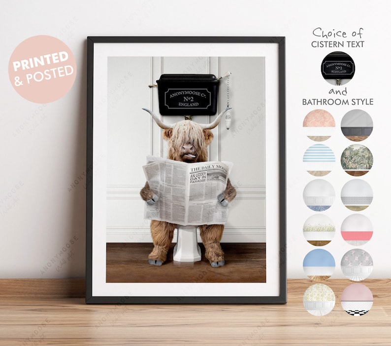 Highland Cow on Toilet with Newspaper, Cow Victorian Toilet, Funny Bathroom Print, Animal on Toilet, Scotland Cow with Paper, Whimsy Animal