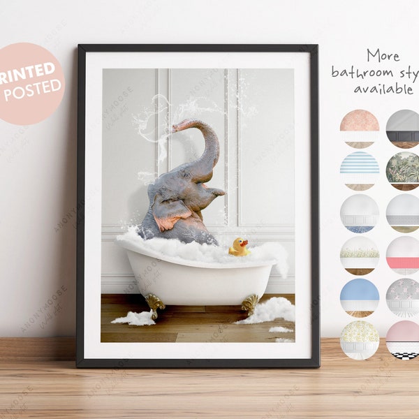 Elephant Spraying Water in Bath Tub Print, Elephant Bathing, Funny Bathroom Print, Animal in bathtub, Elephant in Tub Print, Whimsy Animal