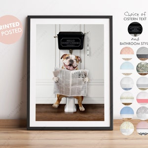 Bulldog on Toilet with Newspaper, Victorian Toilet, Funny Bathroom Print, Dog on Toilet, Bulldog Wall Art, Bulldog Gift