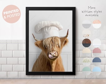 Highland Cow in Chef's Hat Kitchen Print, Funny Cooking Print, Restaurant, Cafe, Food, Cookery Scotland, Whimsy Animal