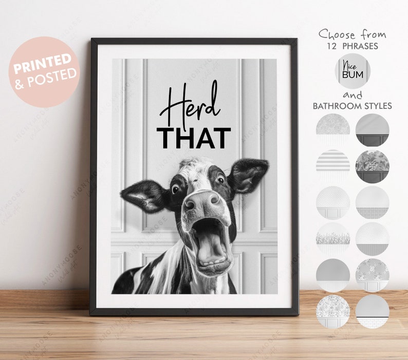May include: Black and white photo of a cow with its mouth open, looking surprised. The text "Herd That" is above the cow. The image is framed in a black frame.