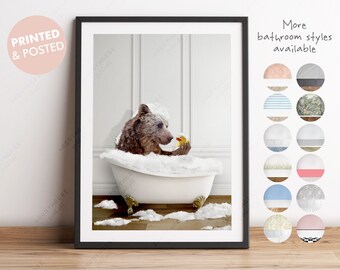 Bear Looking at Duck in a Bath Print, Bear Bathing, Funny Bathroom Print, Animal in bathtub, Bear in Tub Print, Whimsy Animal