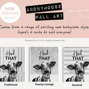 May include: Three black and white cow illustrations with the text "Herd That" above each cow. The illustrations are in three different frames: traditional, peachy cottage, and nautical.