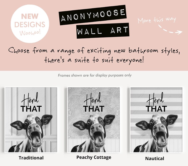 May include: Three black and white cow illustrations with the text "Herd That" above each cow. The illustrations are in three different frames: traditional, peachy cottage, and nautical.