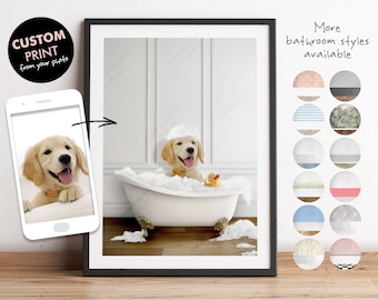 Custom Single Pet in a Bath Print, Personalised Dog in Bathtub, Dog from Photo Art Print, Personalised Pet Gift, Unique Dog or Cat Print