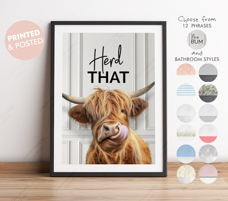 Cheeky Highland Cow Print, Choice of Funny Bathroom Quote, Bathroom Humour Art, Highland Cow Print, Animal Bathroom Decor, Herd That Print bild 1