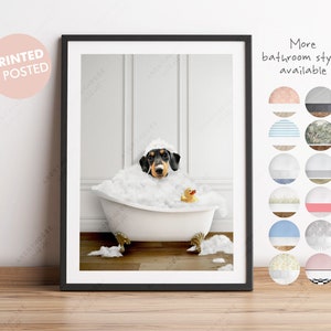 Dachshund Sausage Dog in a Bath Print, Dachshund Bathing, Funny Bathroom Print, Animal in bathtub, Wiener Dog in Tub Print, Whimsy Animal