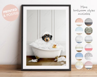 Dachshund Sausage Dog in a Bath Print, Dachshund Bathing, Funny Bathroom Print, Animal in bathtub, Wiener Dog in Tub Print, Whimsy Animal