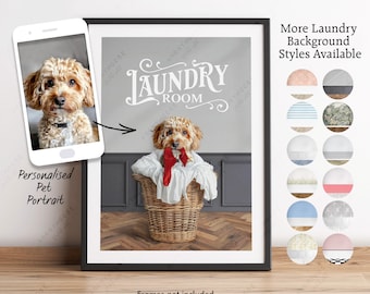 Custom Pet in Laundry Basket Print, Personalised Dog, Dog from Photo Art Print, Personalised Pet Gift, Unique Dog Cat Laundry Room Bathroom