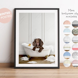 Chocolate Brown Cocker Spaniel dog in a Bath Print, dog Bathing, Funny Bathroom Print, Animal in bathtub, Dog in Tub Print, Whimsy Animal
