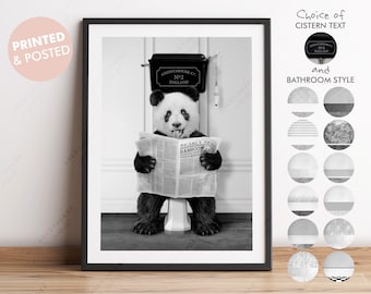 May include: Black and white photo of a panda bear sitting on a toilet reading a newspaper. The newspaper headline reads "Bearly News Bamboo". The toilet tank has a sign that reads "Anonymoose C. N°2 England".