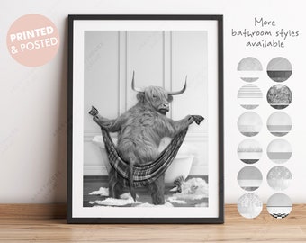 May include: A black and white photograph of a Highland cow relaxing in a bathtub with a plaid towel. The cow is looking at the camera. The text "More bathroom styles available" is in the upper right corner of the image.