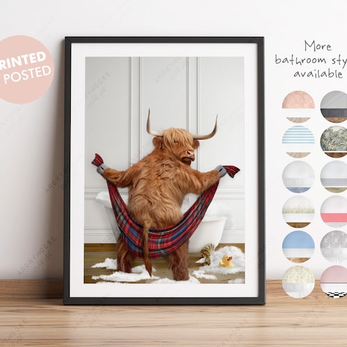 Highland Cow drying with a towel in Bathroom Print, Highland Cow Bathing, Funny Bath Bathroom Print, Animal in bathtub, Highland Cow in Tub