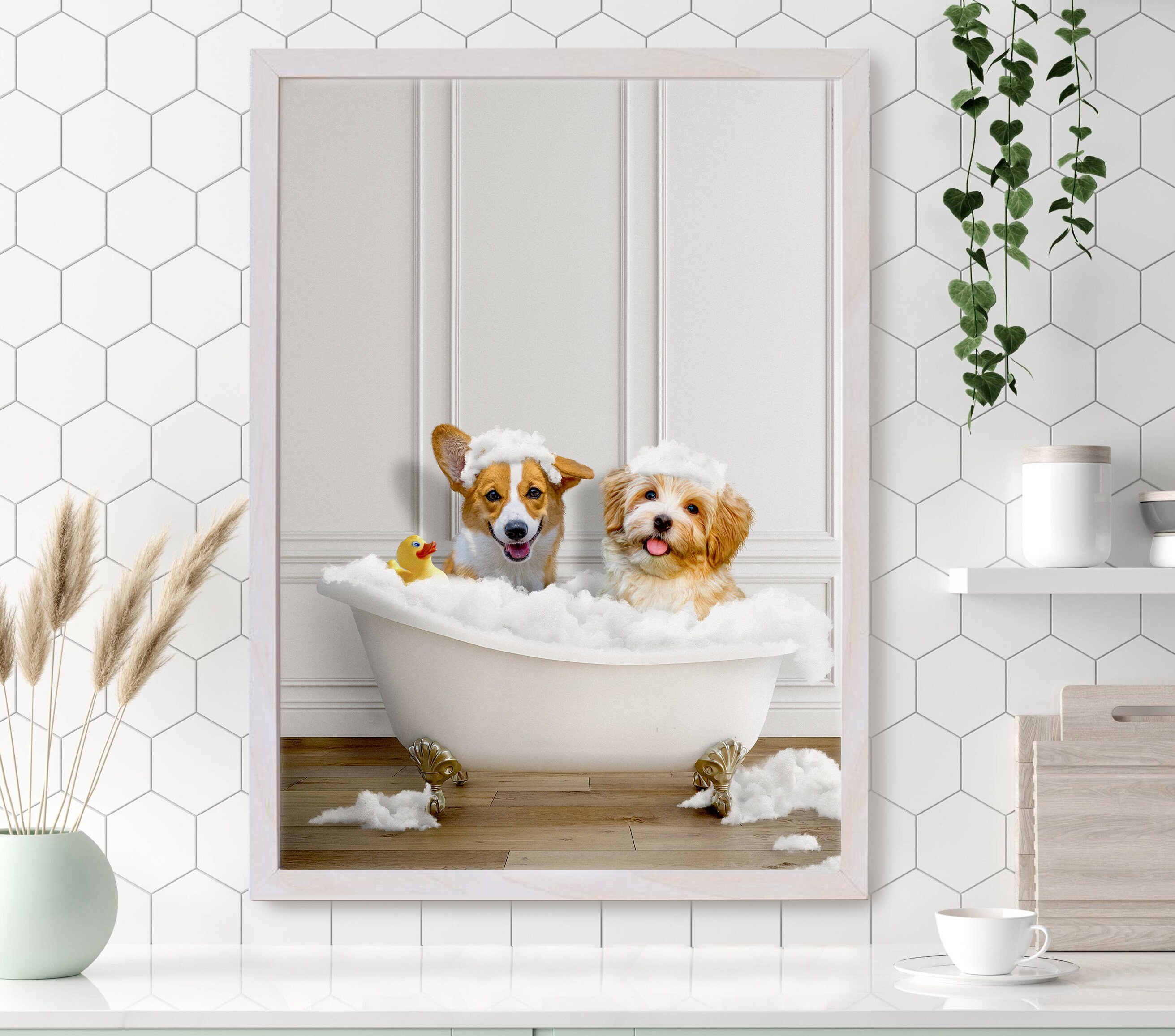 Custom Two Pet in Bath Portrait Print Dogs in Bathtub Etsy