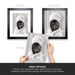 May include: A black and white French bulldog wearing a white bathrobe and a white towel on its head. The dog is looking at the camera. The image is a digital download for a personalized pet portrait.