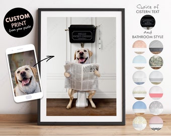 Custom Pet on Toilet with Newspaper, Unique Pet Gift, Fun Bathroom Print, Dog on Toilet, Personalised Pet Wall Art, Pet Portrait from Photo