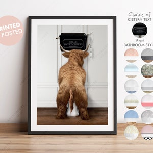 Highland Cow using the Toilet, Victorian Toilet, Funny Bathroom Print, Animal on Toilet, Highland Cow Peeing, Whimsy Animal Gift