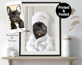 Custom Pet in a Bathrobe Portrait Print, Dogs and Cats with Towel on Head, Personalised Dog Art Print, Animal Bathroom Bathrobe Art