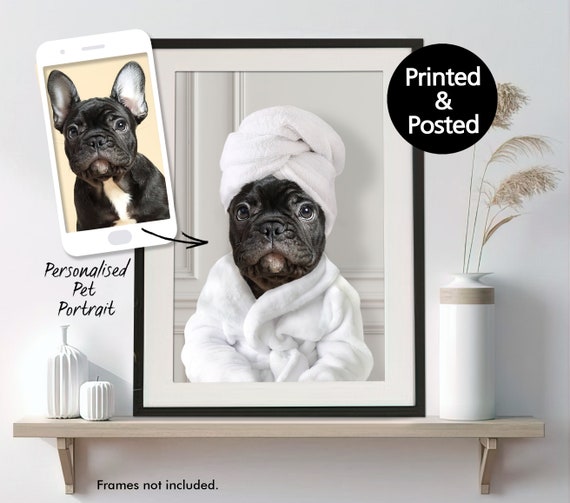 Custom Pet in a Bathrobe Portrait Print, Dogs and Cats with Towel on Head, Personalised Dog Art Print, Animal Bathroom Bathrobe Art