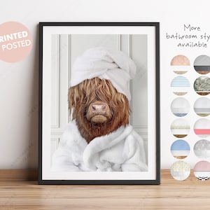Highland Cow in a Bathrobe Print, Cow Bathing, Funny Bathroom Print, Animal in towel on head, Highland Cow in Bath Robe, Whimsy Animal