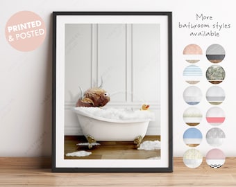 Highland Cow Squirting Water in a Bath Print, Cow Bathing, Funny Bathroom Print, Animal in bathtub, Highland Cow in Tub Print, Whimsy Animal